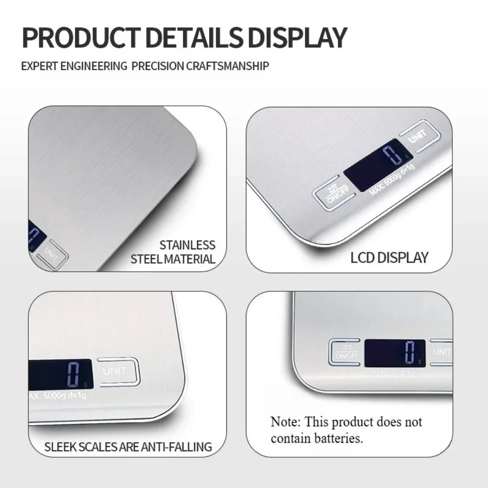 Digital Kitchen Scale with LED Display 5kg/1g Stainless Steel Electronic Weighing for Food Jewelry Snacks Baking Home Tools